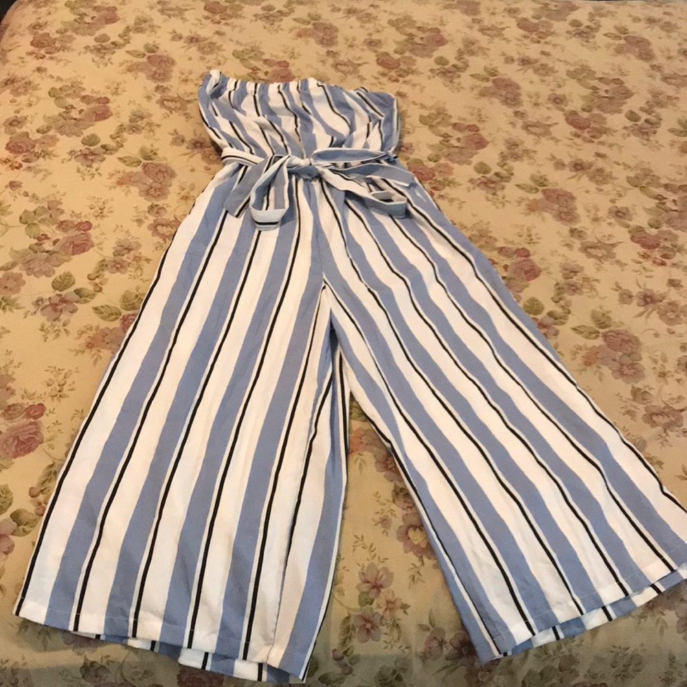 Blue, white, black striped sleeveless romper